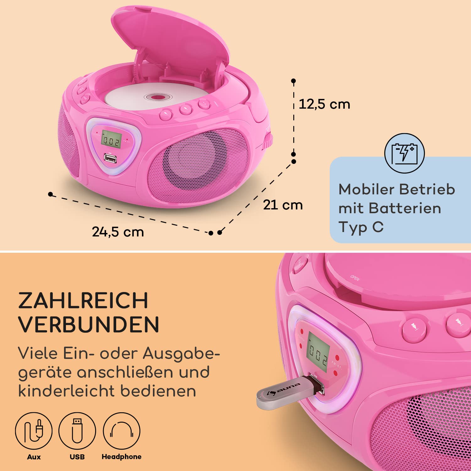 auna-roadie-tragbares-cd-radio-mit-bluetooth-5-0-usb-und-aux-boombox-mit-led-dis image 6