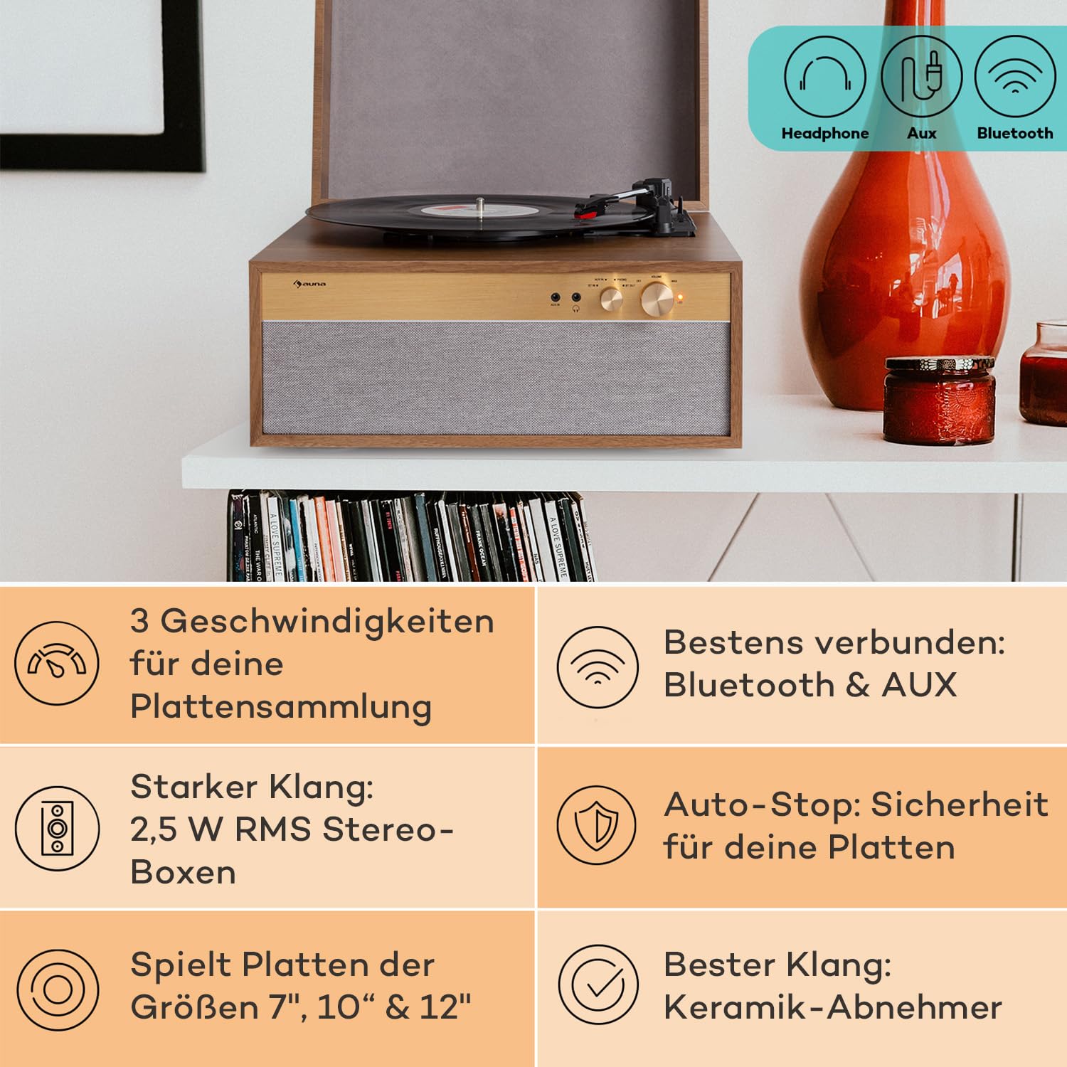 auna-plattenspieler-mit-lautsprecher-und-bluetooth-transmitter-receiver-retro image 2