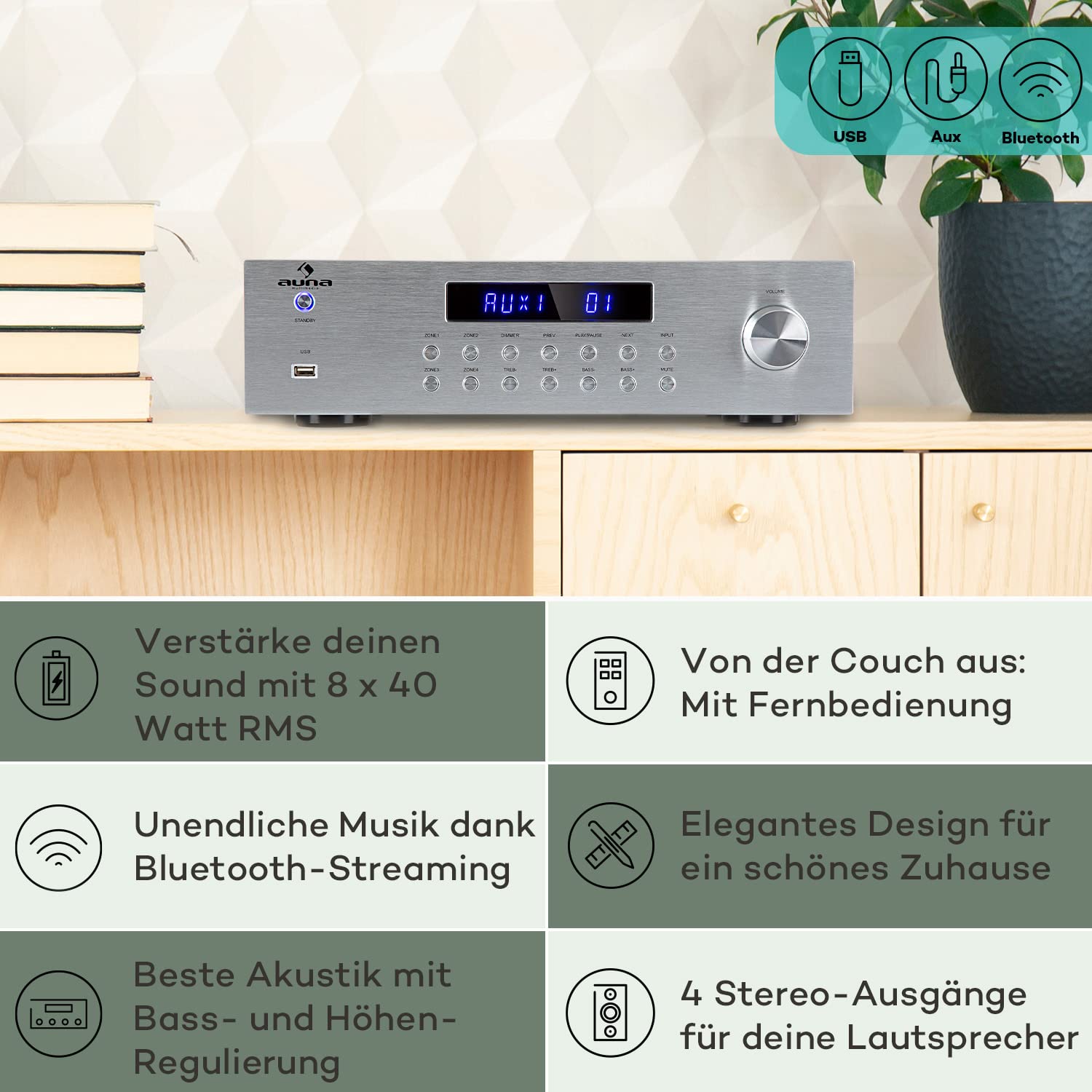 auna-hifi-stereo-mini-verst-rker-4-kanal-8x40-w-mit-aux-usb-und-fernbedienung image 2