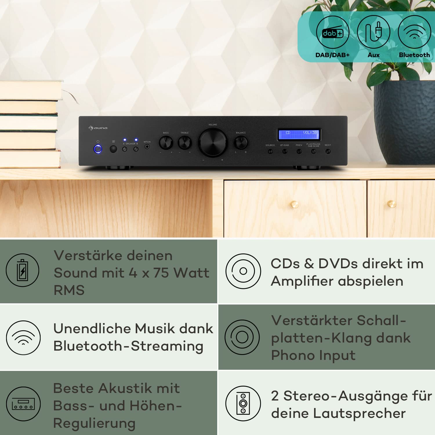 auna-hifi-stereo-mini-verst-rker-2-kanal-4x100-w-mit-dab-radio-und-fernbedienung image 2