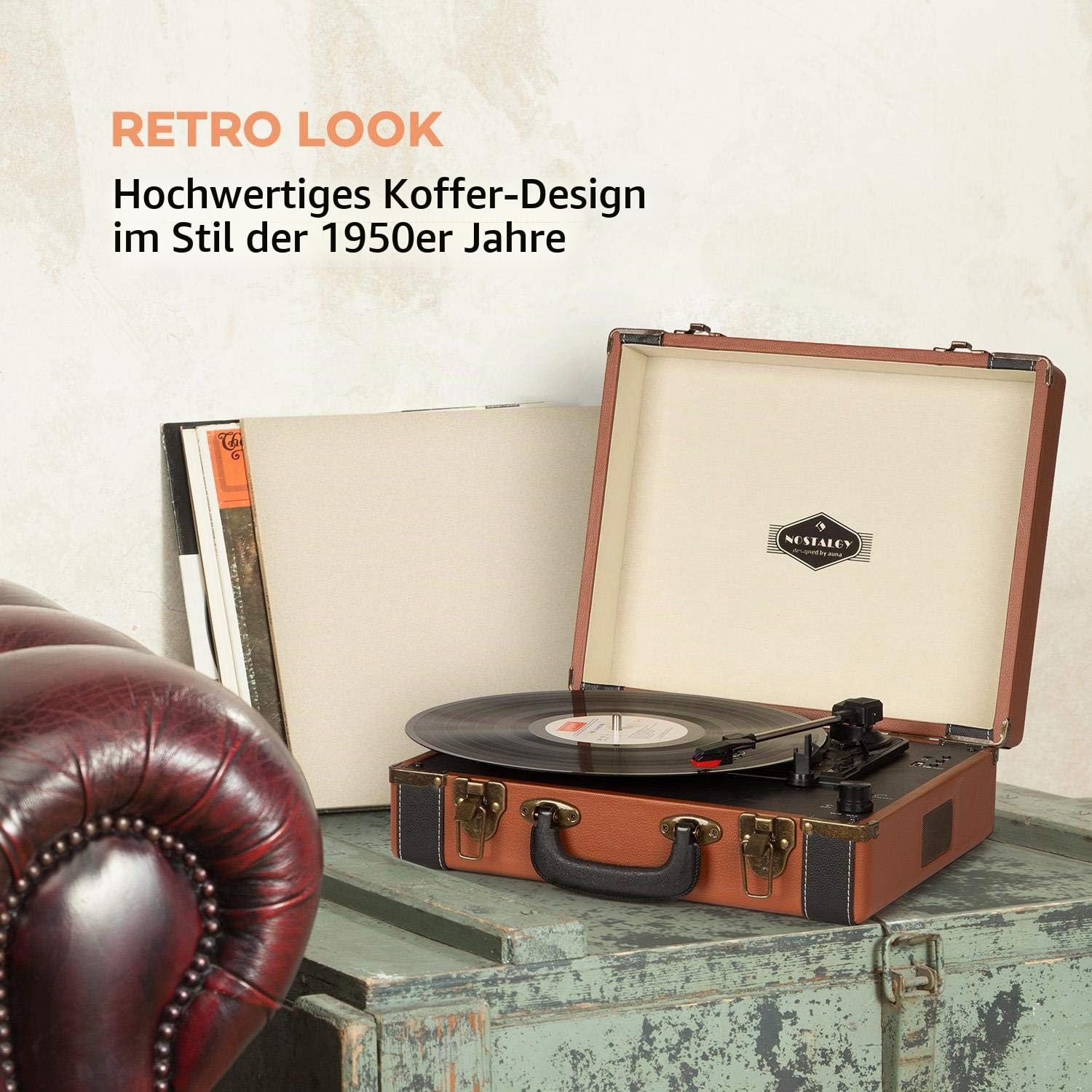 auna-jerry-lee-retro-plattenspieler-koffer-mit-bluetooth-usb-hellbraun image 2
