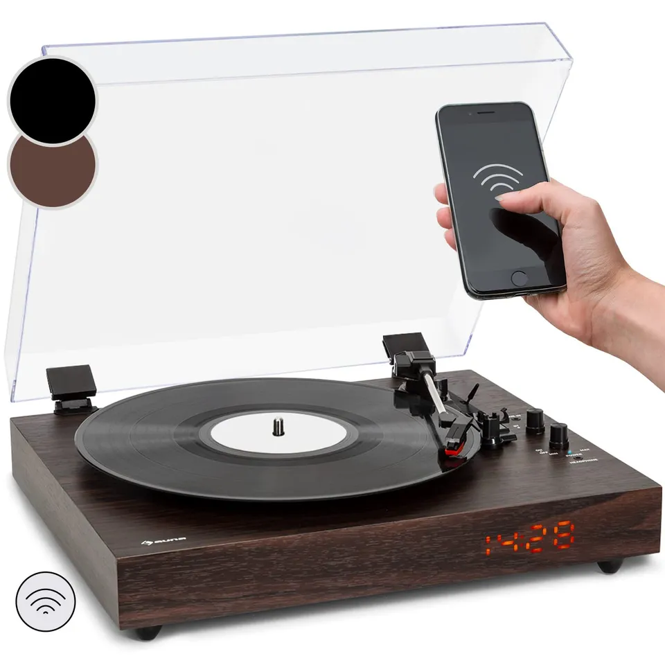 auna-vinyl-plattenspieler-im-retro-design-mit-lautsprecher-bluetooth-und-led-uhr image 1