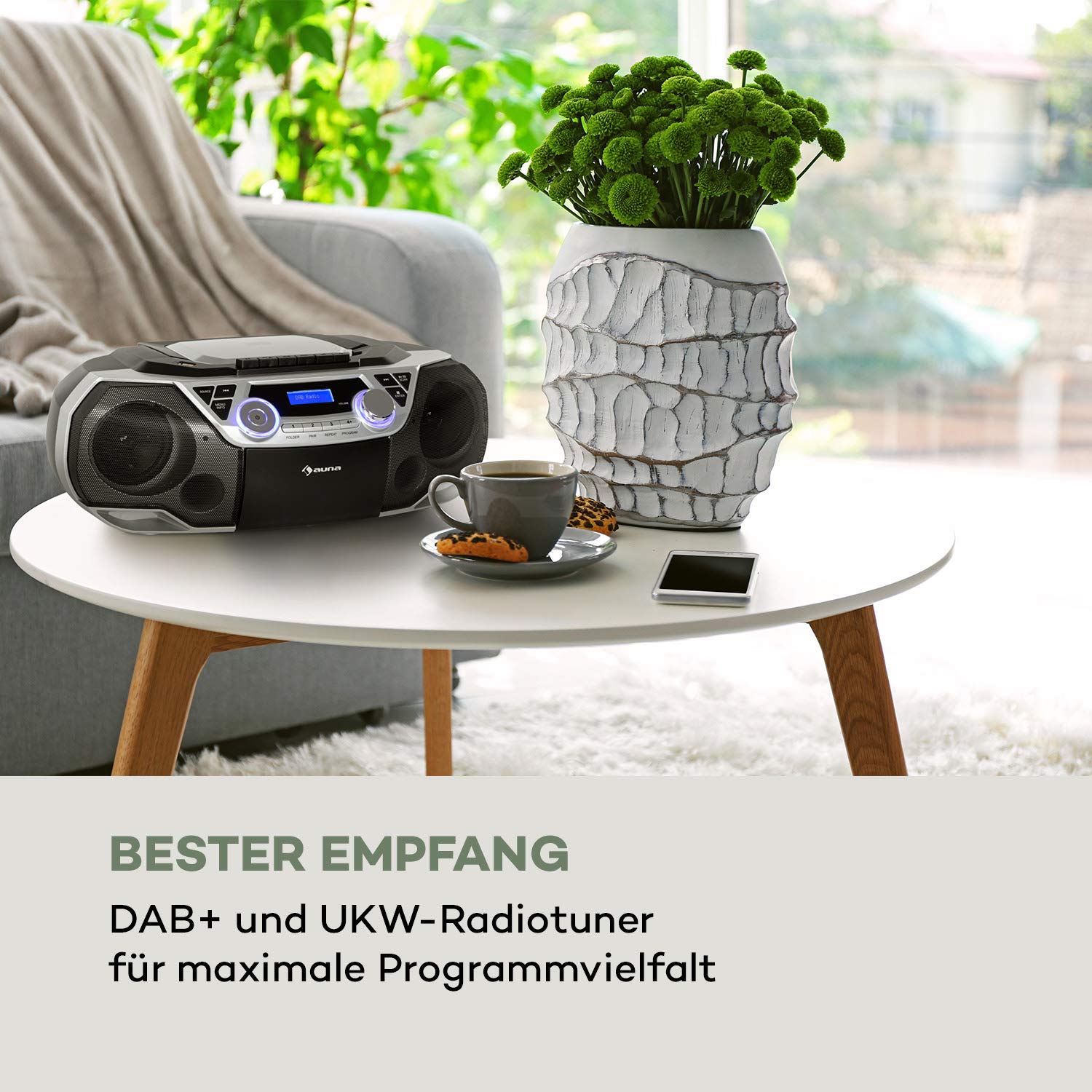 auna-roadie-2k-stereo-boombox-mit-dab-ukw-cd-kassette-usb-und-bluetooth-5-0-silb image 2