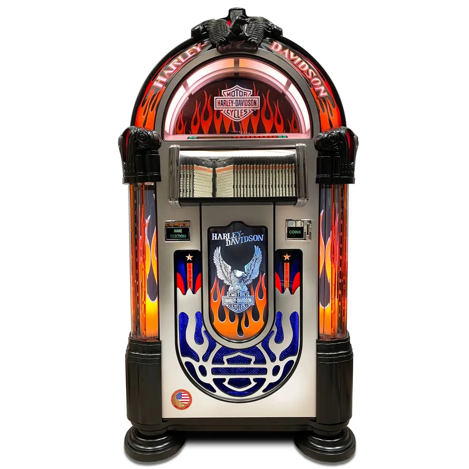 rock-ola-bubbler-harley-davidson-flames-cd-jukebox-brushed-aluminum-100-cds-blue image 1