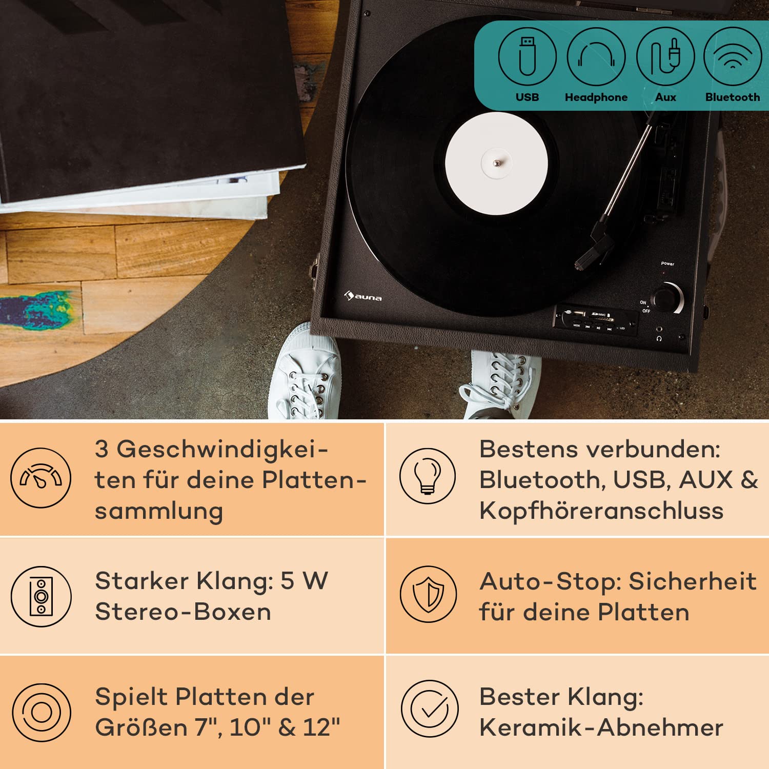 auna-plattenspieler-retro-mit-lautsprecher-cd-player-bluetooth-und-usb-vinyl-pla image 2