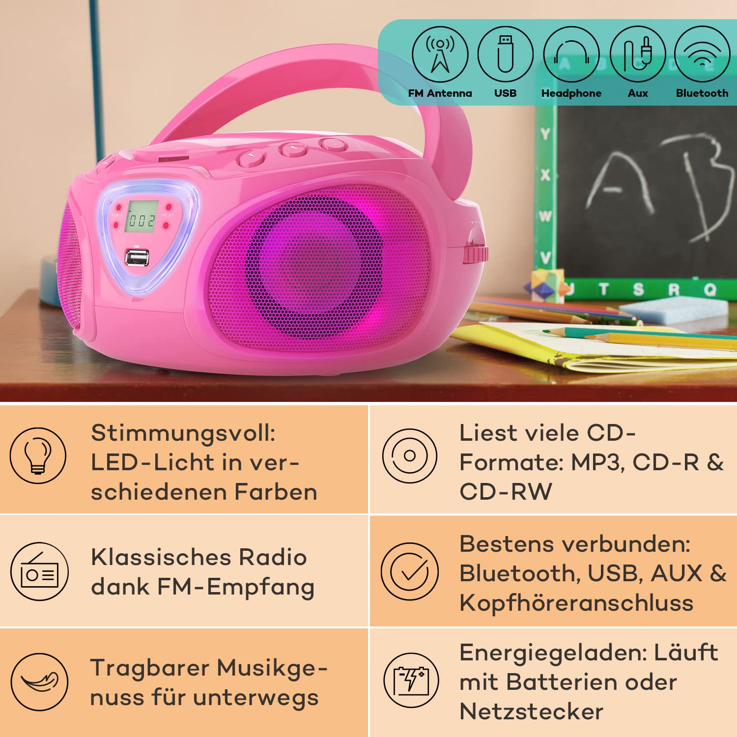 auna-roadie-tragbares-cd-radio-mit-bluetooth-5-0-usb-und-aux-boombox-mit-led-dis image 2