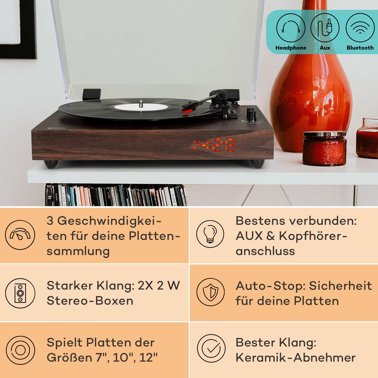 auna-vinyl-plattenspieler-im-retro-design-mit-lautsprecher-bluetooth-und-led-uhr image 2