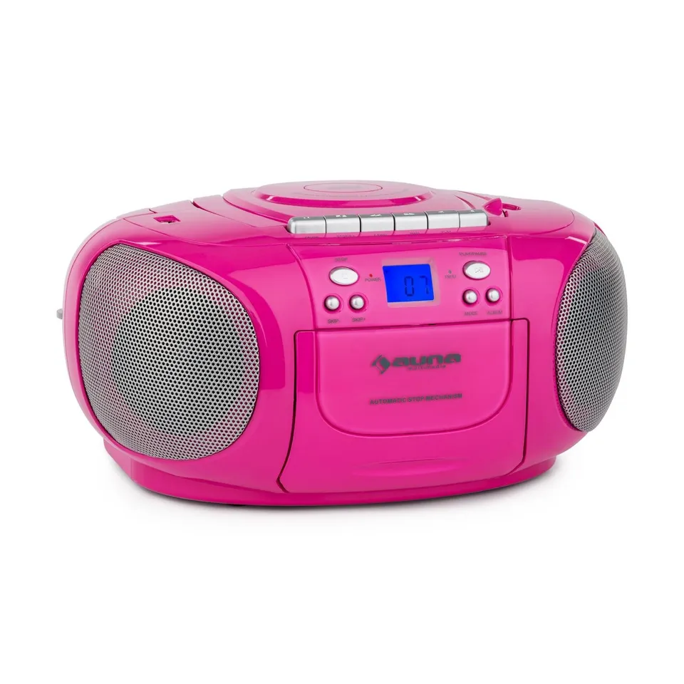 auna-boomgirl-ghettoblaster-mit-kassette-ukw-usb-und-stereo-lautsprecher-pink image 1