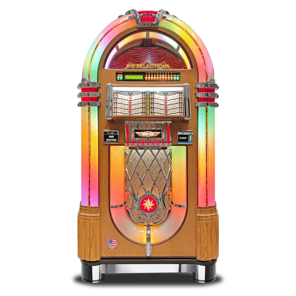 rock-ola-bubbler-vinyl-45-jukebox-light-oak-100-singles-bluetooth image 1