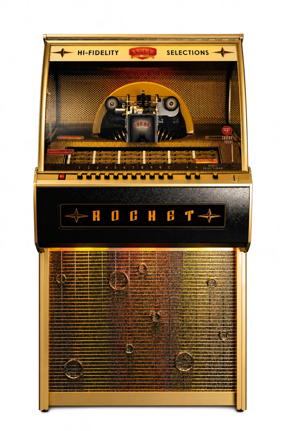 sound-leisure-rocket-vinyl-jukebox-2025-custom-black-ash-mit-gold-castings image 1