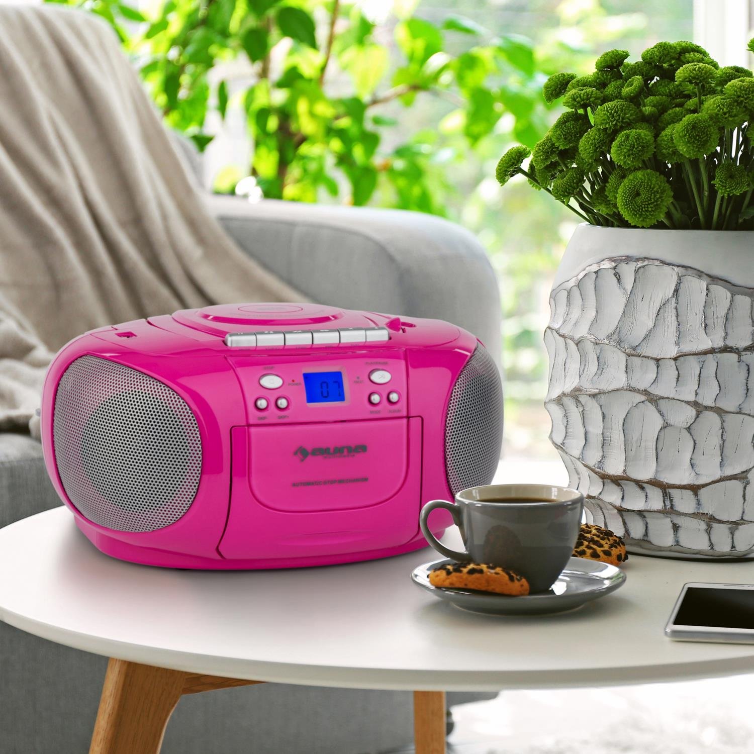 auna-boomgirl-ghettoblaster-mit-kassette-ukw-usb-und-stereo-lautsprecher-pink image 2