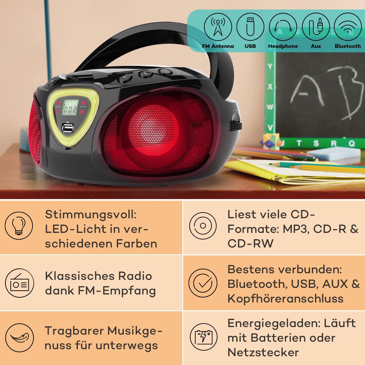 auna-roadie-cd-radio-boombox-mit-bluetooth-usb-und-led-licht-schwarz image 2