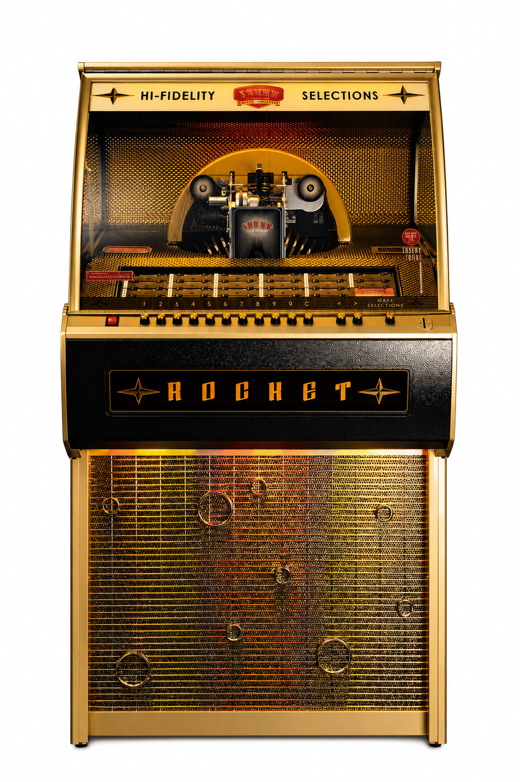 sound-leisure-rocket-vinyl-jukebox-2025-custom-black-ash-mit-gold-castings image 1