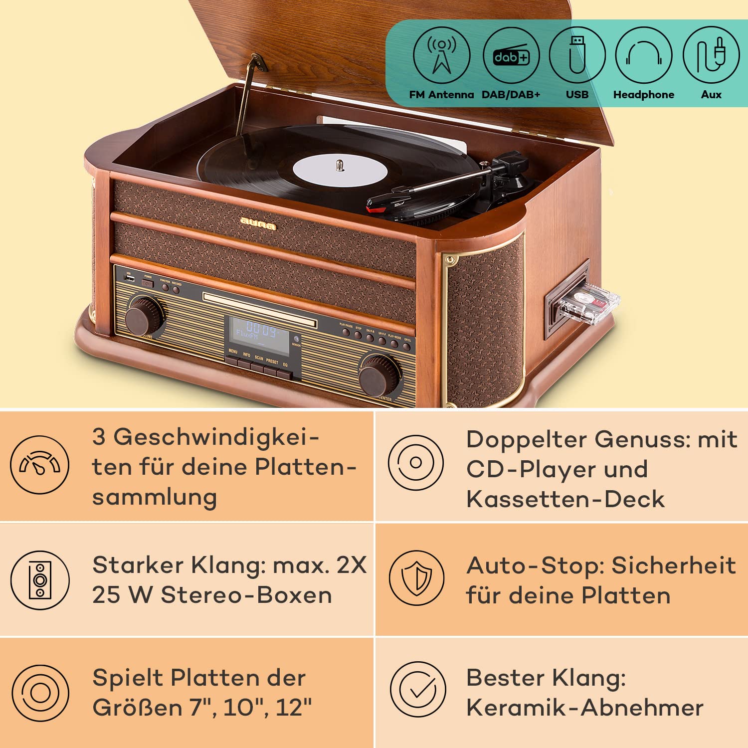 auna-retro-plattenspieler-mit-dab-radio-cd-player-lautsprecher-und-usb-aufnahme- image 2
