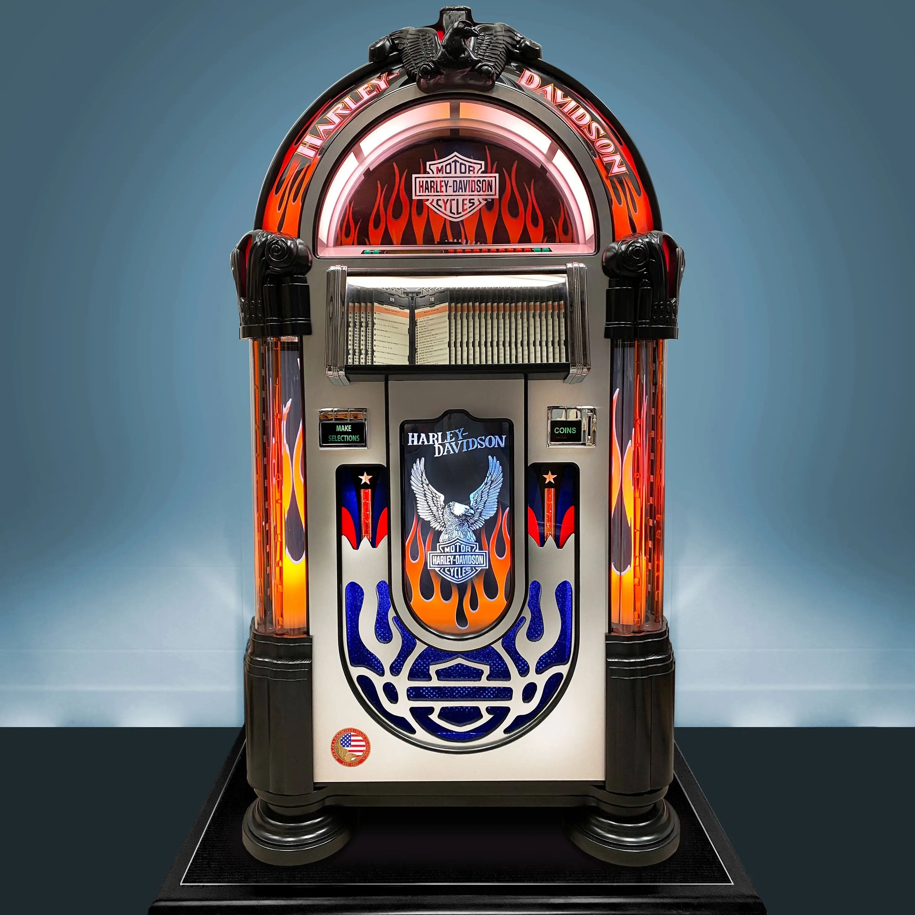rock-ola-bubbler-harley-davidson-flames-cd-jukebox-brushed-aluminum-100-cds-blue image 3